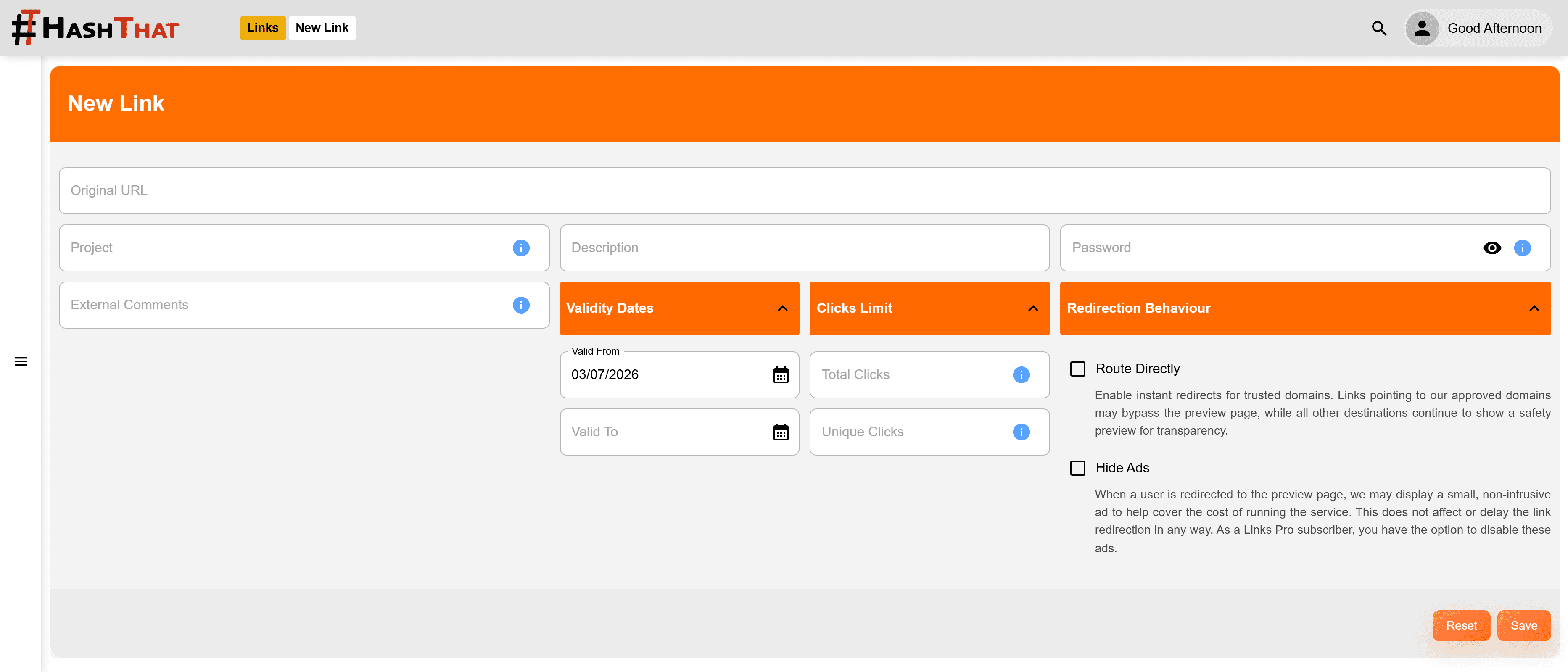 HashThat short link setup form showing destination URL, validity dates, password protection, and click limit controls