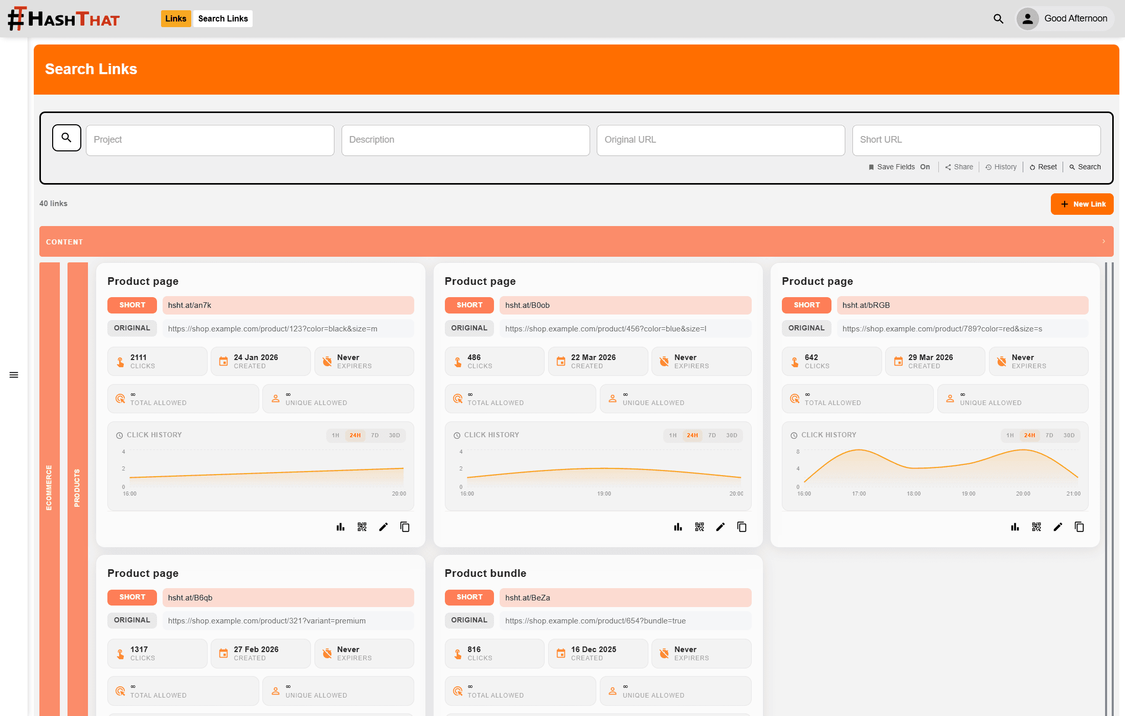 Link shortener search screen