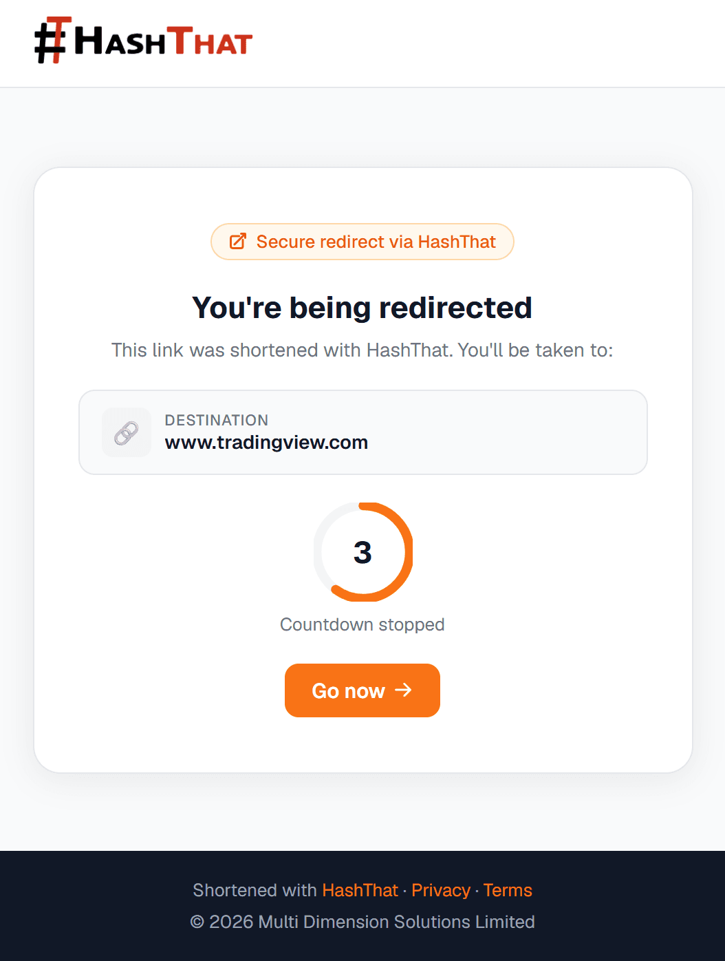 HashThat safe redirect preview page showing the full destination URL before continuing