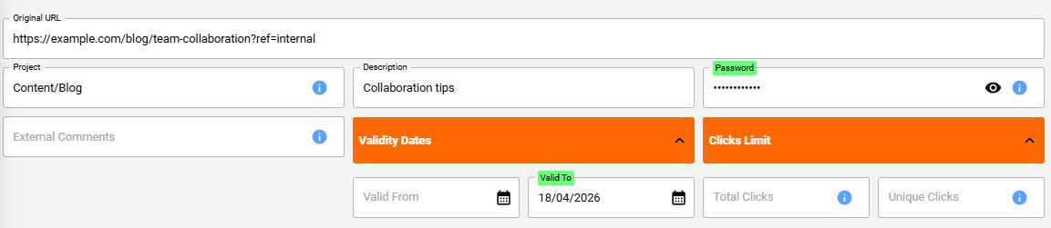 Link validity and password settings screenshot