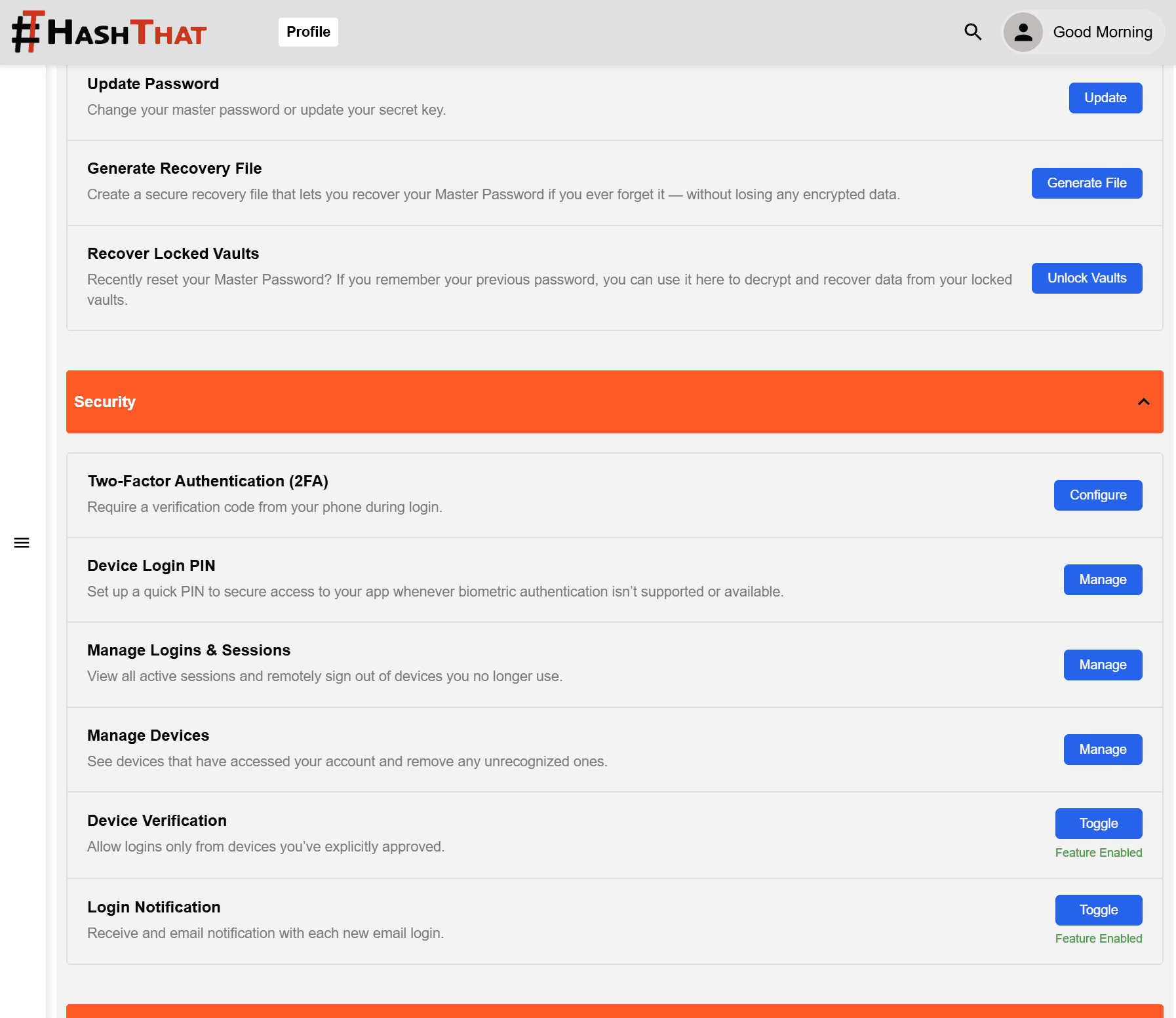 HashThat Security Pro dashboard showing account protection settings and security status