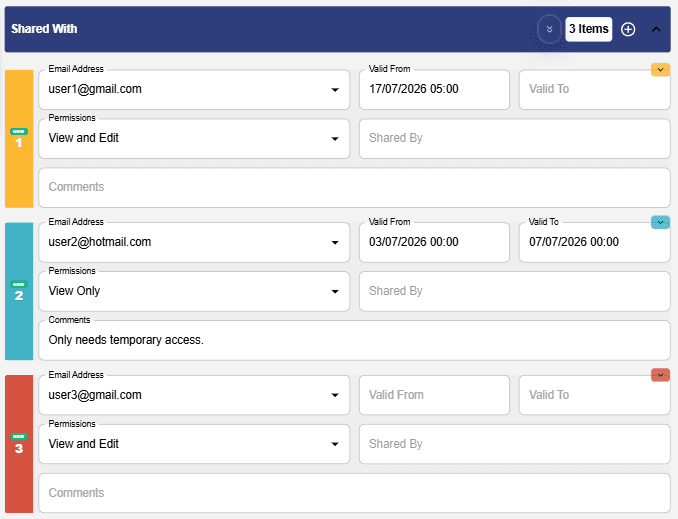 HashThat password sharing screen showing recipient permissions and access controls